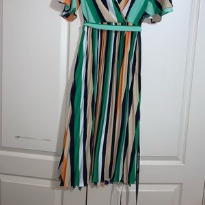 Multicolored pleated striped MIDI dress